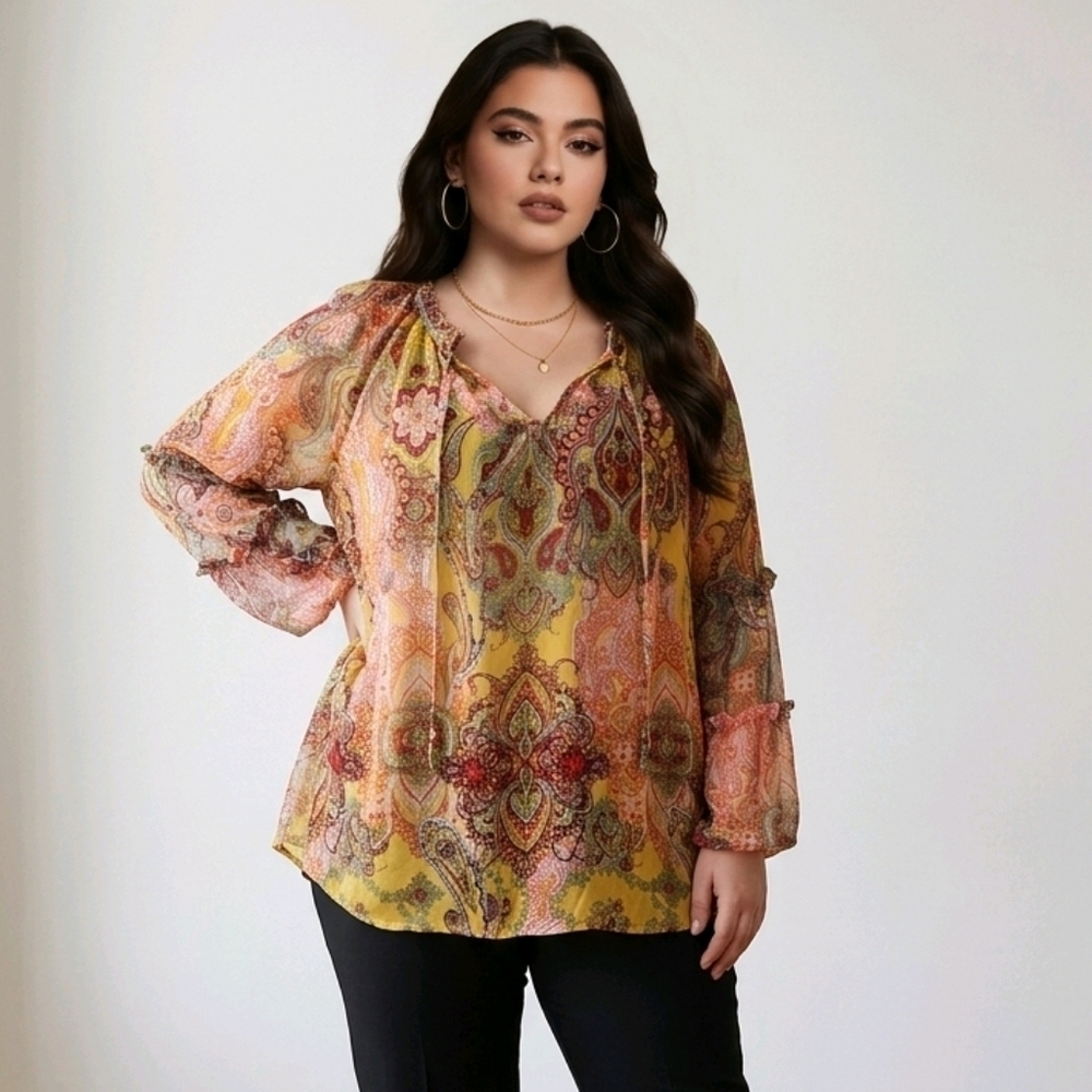 Anthropologie Fig and Flower Paisley Print Boho Sheer Blouse Sz 1X